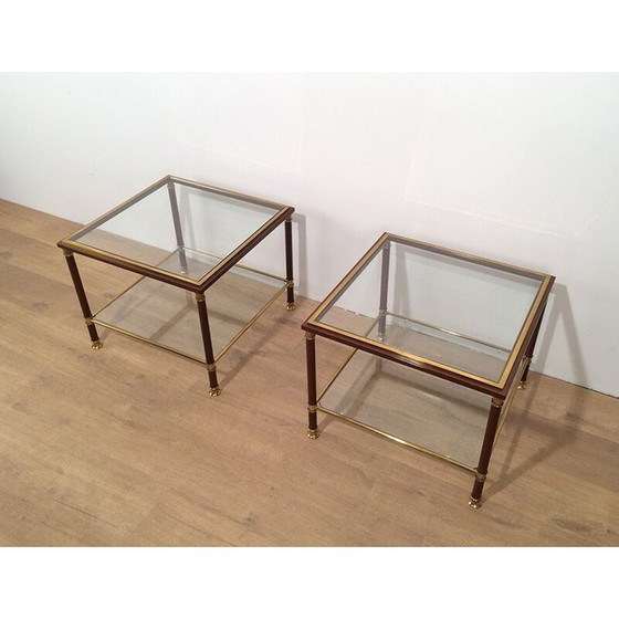 Image 1 of Pair of vintage brass and burgundy lacquer sofa ends, 1970