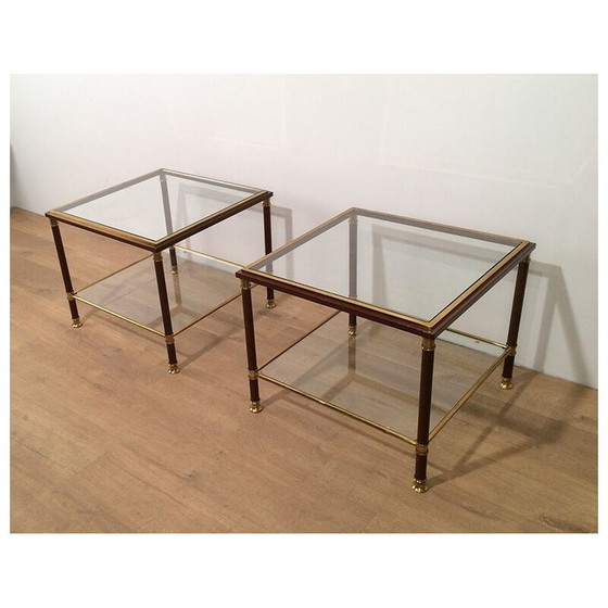 Image 1 of Pair of vintage brass and burgundy lacquer sofa ends, 1970