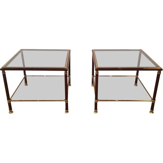 Image 1 of Pair of vintage brass and burgundy lacquer sofa ends, 1970