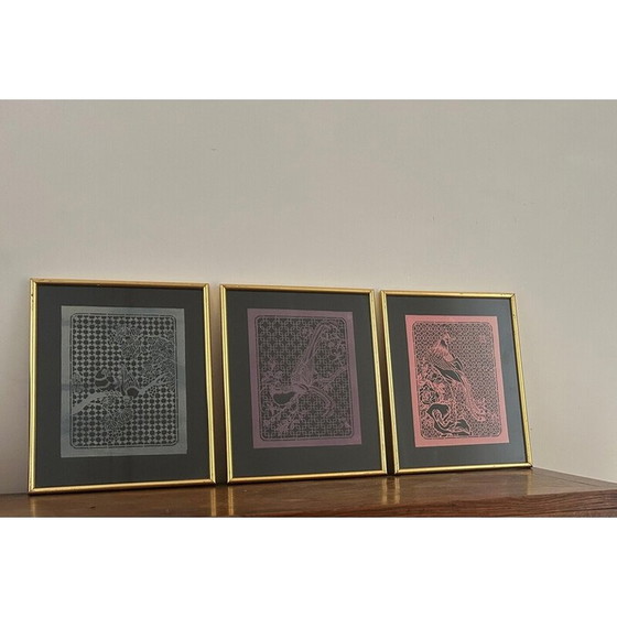 Image 1 of Set of 3 vintage “cut paper birds” paintings, 1970