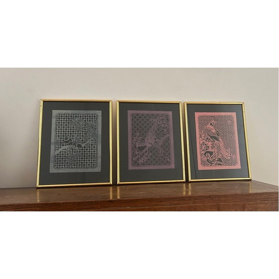 Image 1 of Set of 3 vintage “cut paper birds” paintings, 1970