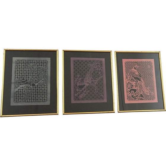 Image 1 of Set of 3 vintage “cut paper birds” paintings, 1970