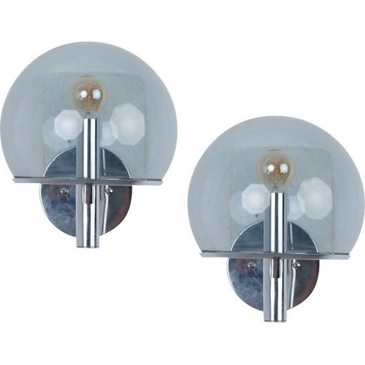 Pair of vintage wall lamp in chrome metal and smoked glass in boulle shape by Gaetano Sciolari, Italy 1970
