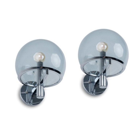 Image 1 of Pair of vintage wall lamp in chrome metal and smoked glass in boulle shape by Gaetano Sciolari, Italy 1970