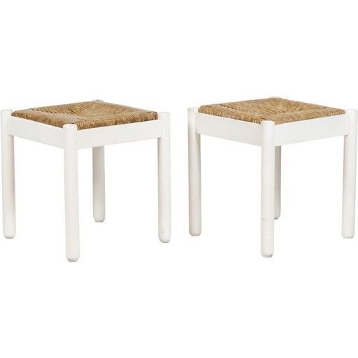 Pair of vintage stools in lacquered wood and straw, 1970