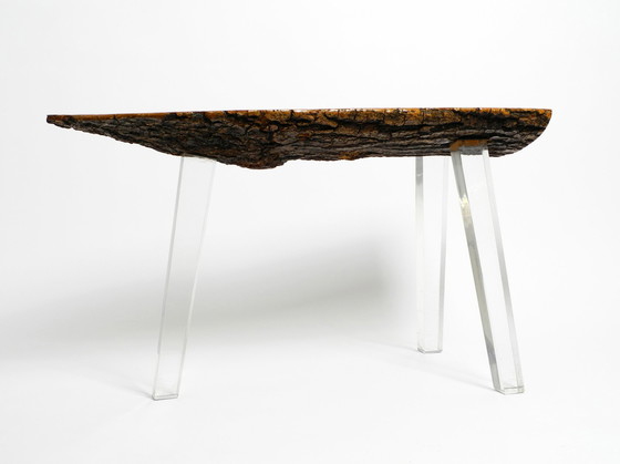 Image 1 of 1970s Regency design side coffee table made of a thick tree slice and with 3 plexiglass legs