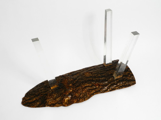 Image 1 of 1970s Regency design side coffee table made of a thick tree slice and with 3 plexiglass legs