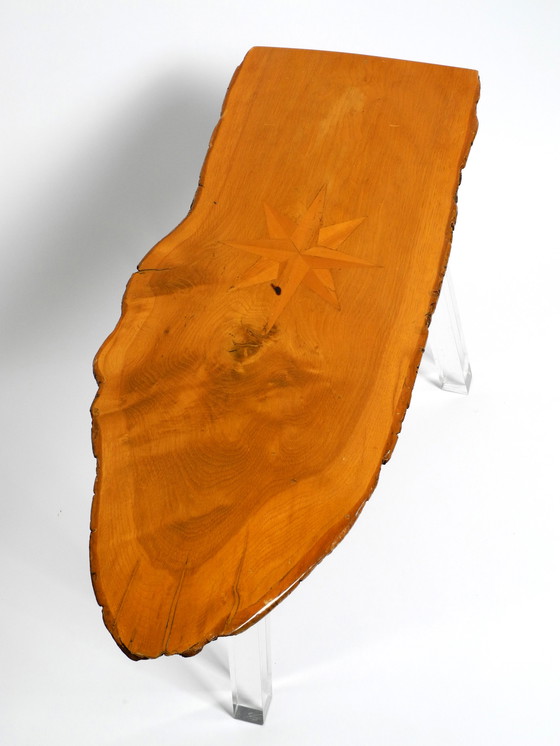 Image 1 of 1970s Regency design side coffee table made of a thick tree slice and with 3 plexiglass legs