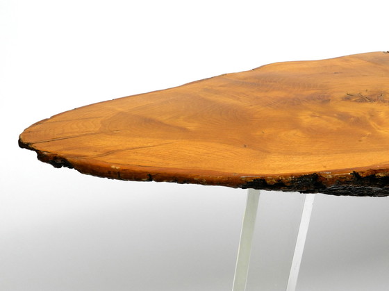 Image 1 of 1970s Regency design side coffee table made of a thick tree slice and with 3 plexiglass legs