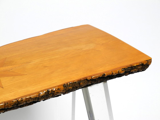 Image 1 of 1970s Regency design side coffee table made of a thick tree slice and with 3 plexiglass legs