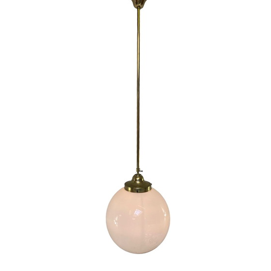 Image 1 of Art deco - Hanging pedant with opaline glass and Brass framework - very large, adjustable in height