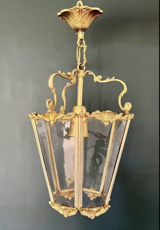 Art Nouveau Bronze Gilt And Glass Faceted Pendant Lantern 1900