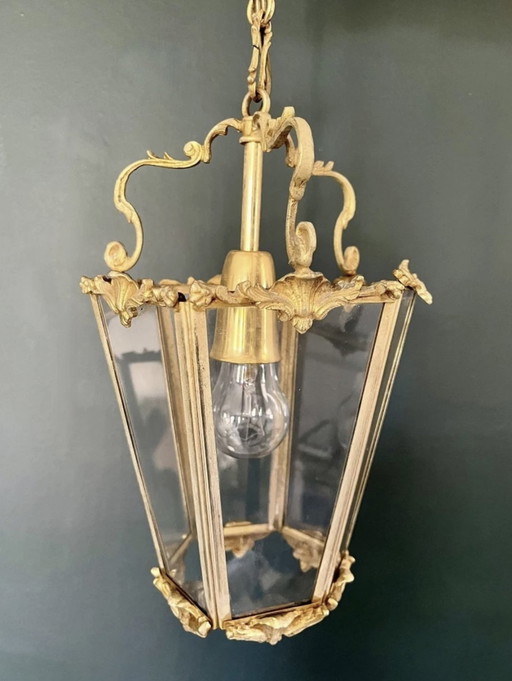 Art Nouveau Bronze Gilt And Glass Faceted Pendant Lantern 1900