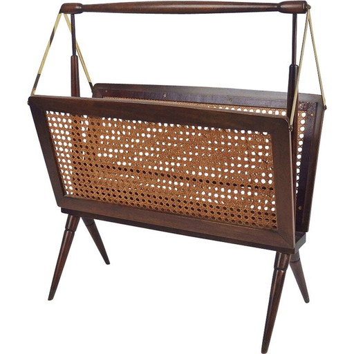 Vintage folding magazine rack in brass and wood, Italy 1960