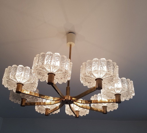 Chandelier In Frosted Glass And Brass In The Style Of Kalmar, 1960S