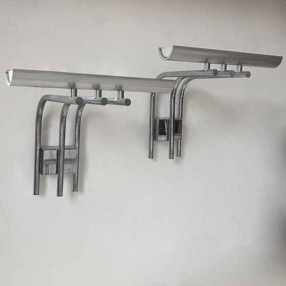 Image 1 of Pair of vintage chrome metal wall lights for Verre Lumière Studio, France 1970