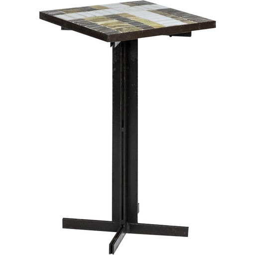 Vintage square iron and ceramic pedestal table, 1950s