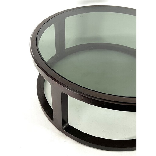 Vintage round coffee table in wood and smoked glass, Italy 1970