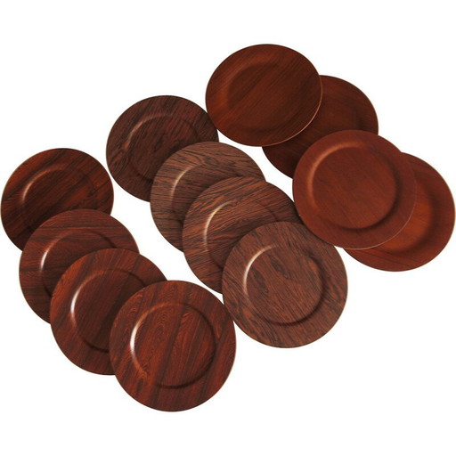 Set of 12 mid century Danish rosewood and teak plates by Morsbak, 1960s