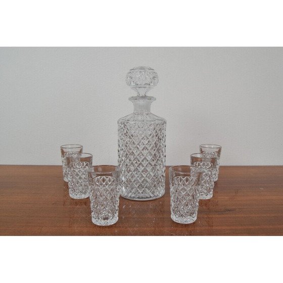 Image 1 of Set di 6 bicchieri e decanter di cristallo vintage, Cecoslovacchia 1950