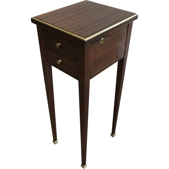 Image 1 of Tavolo neoclassico vintage in mogano e ottone con cassetti e cassetti estraibili che rivelano 2 posacenere, 1940