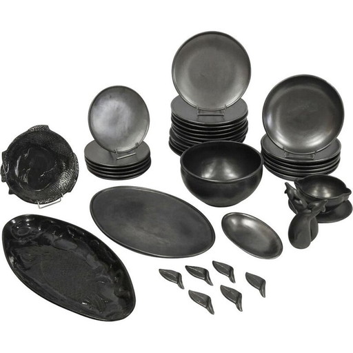 Vintage Ceramony Vallauris table service in matte black earthenware, 1950
