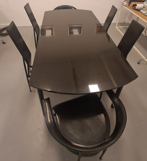 Image 1 of Fasem One Stone Dining Table, Two Black Leather Armchairs  Four Black Leather High Chairs