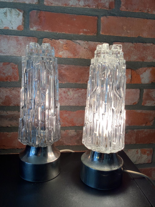 1960s Set Of 2 Rock Ice Glass Table Lamps, Chrome Base, German Mid - Century