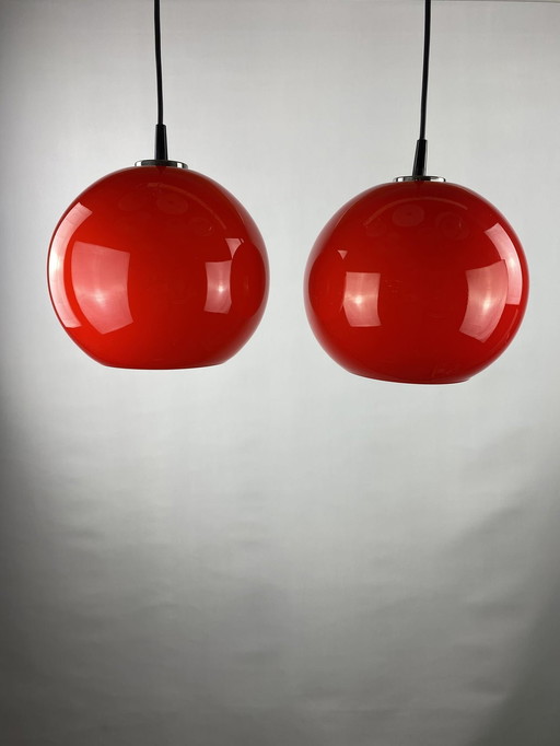 Pair Of Two Cherry Red Glass Peill & Putzler Pendant Lights