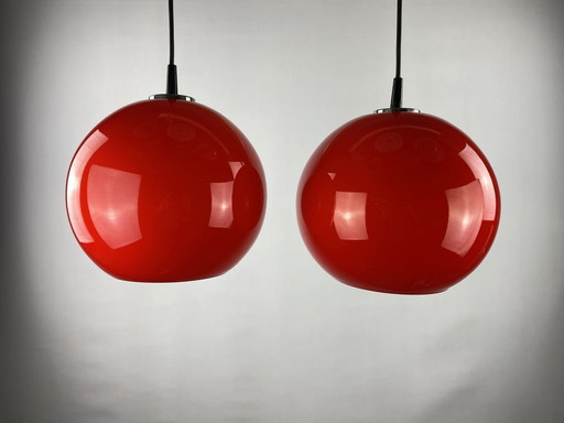 Pair Of Two Cherry Red Glass Peill & Putzler Pendant Lights