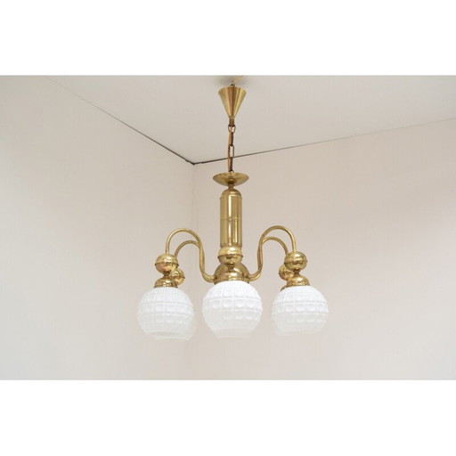 Vintage glass and brass chandelier by Kamenicky Senov, Czechoslovakia 1960