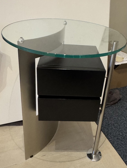 Side Table, Modern With 2 Drawers And Glass Plate