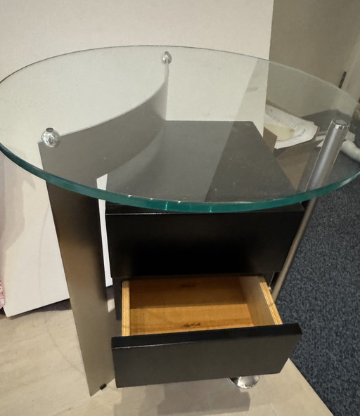 Side Table, Modern With 2 Drawers And Glass Plate