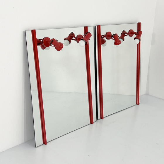 Image 1 of Red Vanity Mirror In Metal With Adjustable Lamps, 1970S