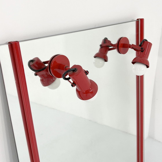 Image 1 of Red Vanity Mirror In Metal With Adjustable Lamps, 1970S