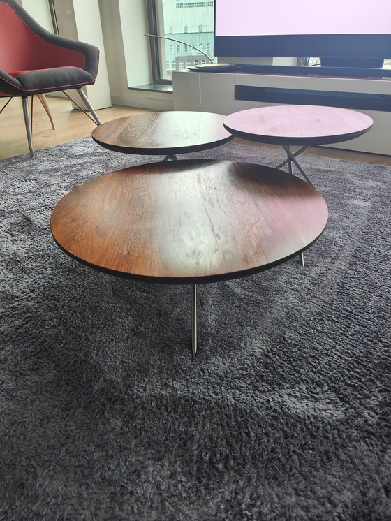 Image 1 of 3x Modern solid walnut coffee tables stainless steel base