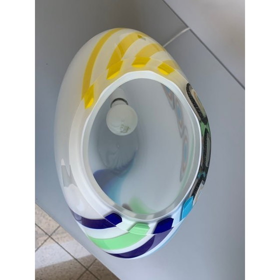 Image 1 of Lampada da tavolo moderna in vetro di Murano bianco latte con vaso di canne multicolori