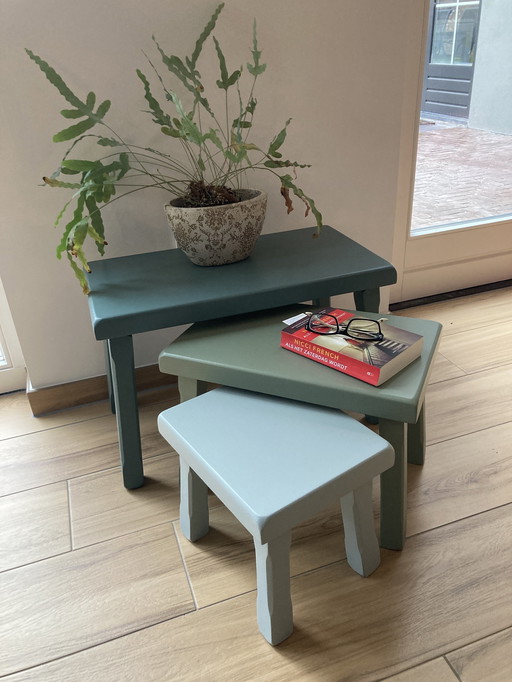 Set Of Three Oak Brutalist Side Tables