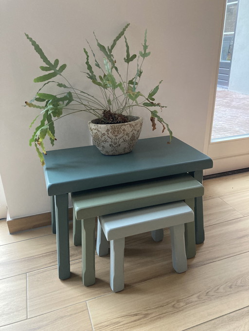 Set Of Three Oak Brutalist Side Tables