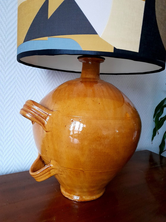 Image 1 of Large Varnished Pottery Lamp With Custom Shade