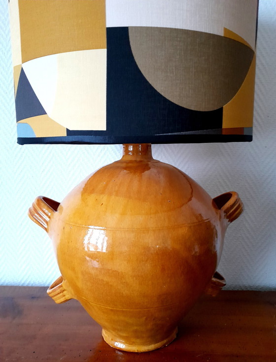 Image 1 of Large Varnished Pottery Lamp With Custom Shade