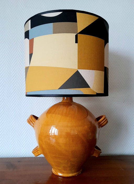 Large Varnished Pottery Lamp With Custom Shade