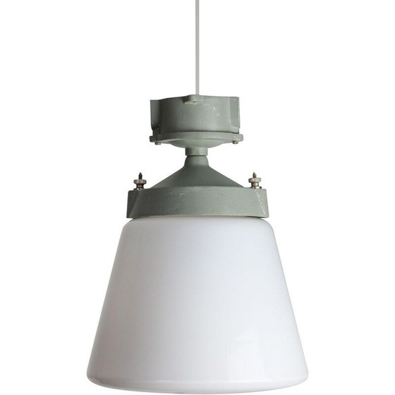 Image 1 of Vintage industrial lamp with opal glass pendant, 1970