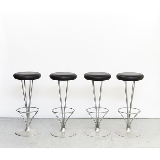 Set of 4 vintage black leather bar stools by Piet Hein, 1961
