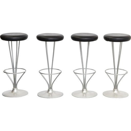 Set of 4 vintage black leather bar stools by Piet Hein, 1961