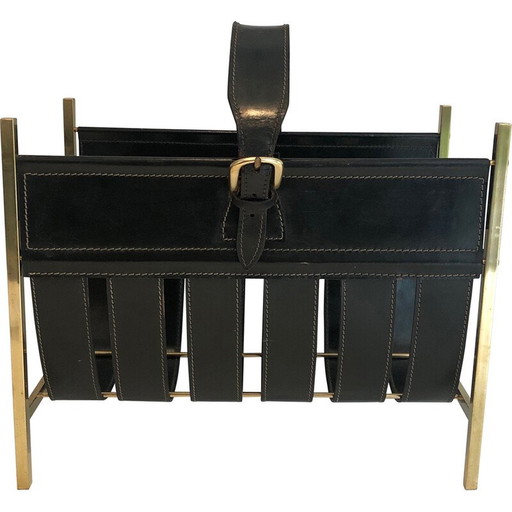 Revistero vintage de latón y cuero de Jacques Adnet, 1940