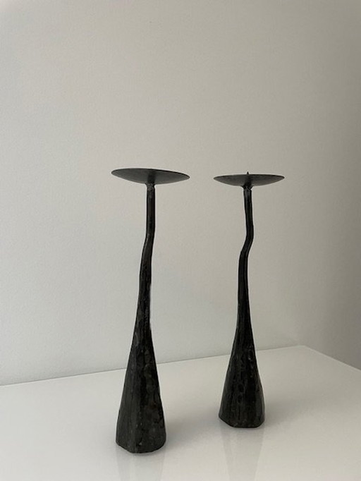 2 Solid Iron Brutalist Candle Stands (26Cm High)