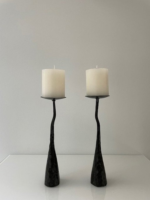 2 Solid Iron Brutalist Candle Stands (26Cm High)