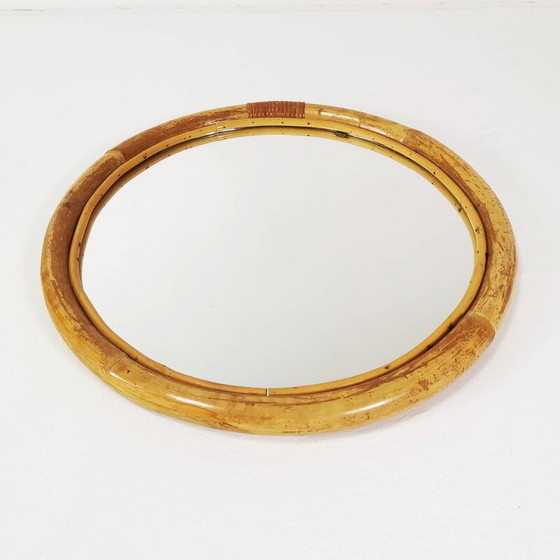 Image 1 of Vintage round wall mirror in curved bamboo frame, Germany 1970