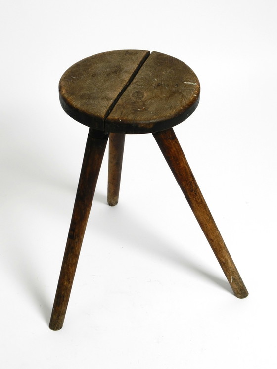 Image 1 of Solid 1930s three-legged industrial stool made of oak